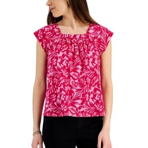 Style & Co Macy's Printed Square Neck Top in Sangria Wine Floral Hibiscus